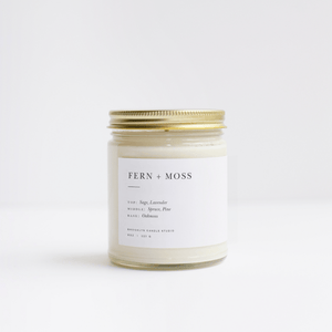 Brooklyn Candle Studio scented candle Fern + Moss with lid. Hand-poured from 100% soy wax.