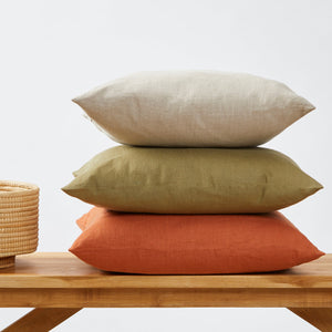 Linen Cushion on Bench in Sand, Olive and Terra