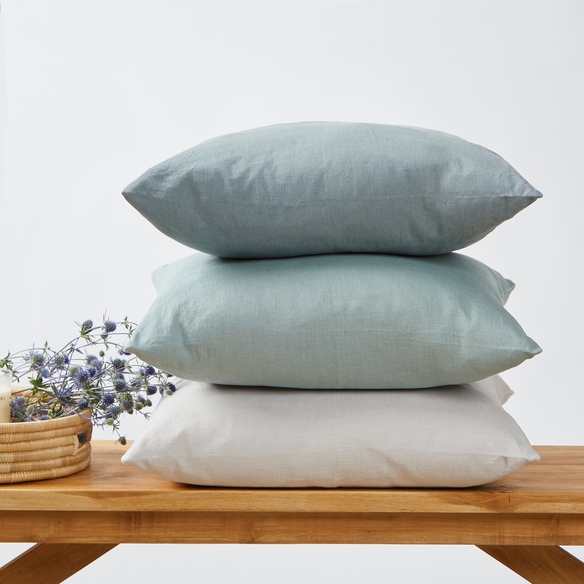 Linen cushion Ambiente in the colors misty blue. Green blue and silver gray