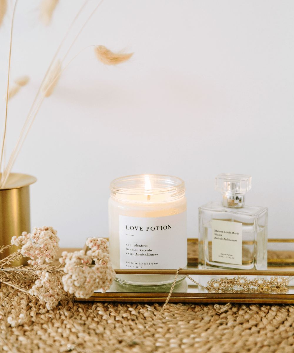 Love Potion scented candle with notes of jasmine, lavender and mandarin. Hand-poured with 100% soy wax