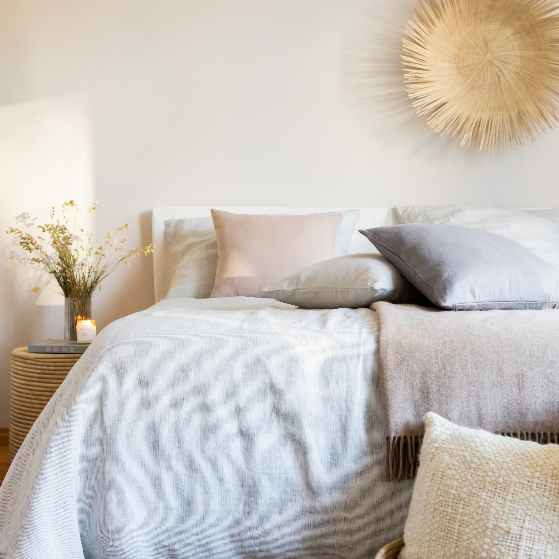 Stonewashed linen comforter cover in gray and white.