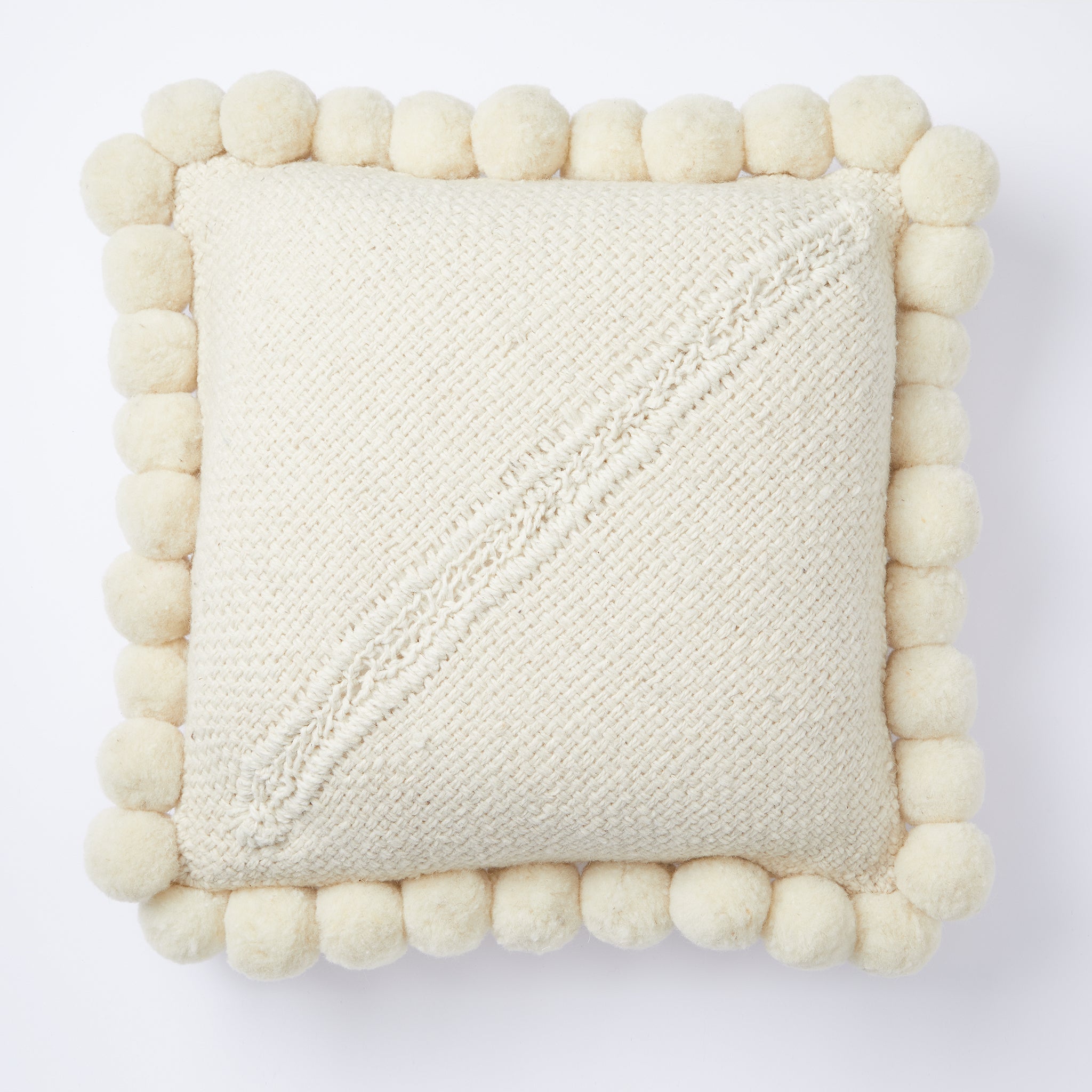 Hand-woven PomPom wool cushion from Argentina - reverse side