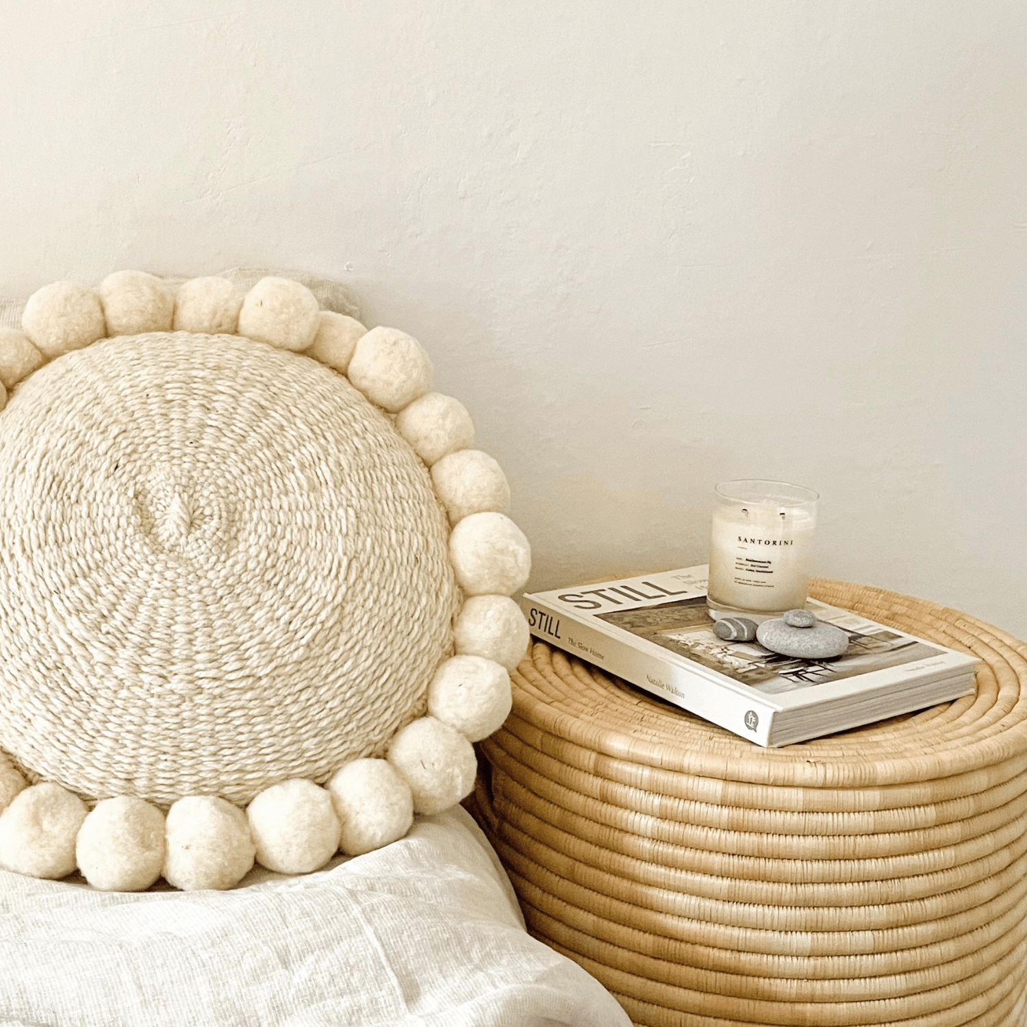 Round pompom cushion made of wool natural hand woven By Native